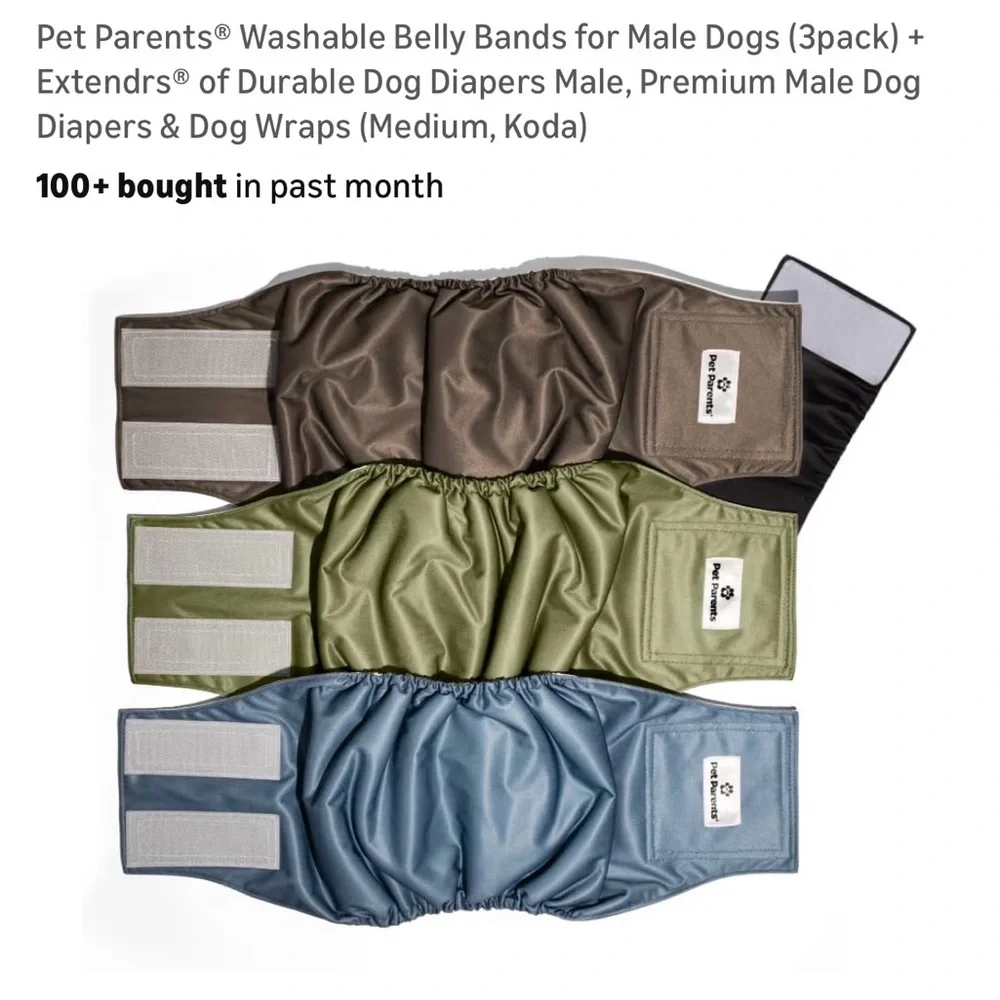 Pet Parents Washable Male Dog Belly Bands - 3 Pack (Brown, Olive, Blue)